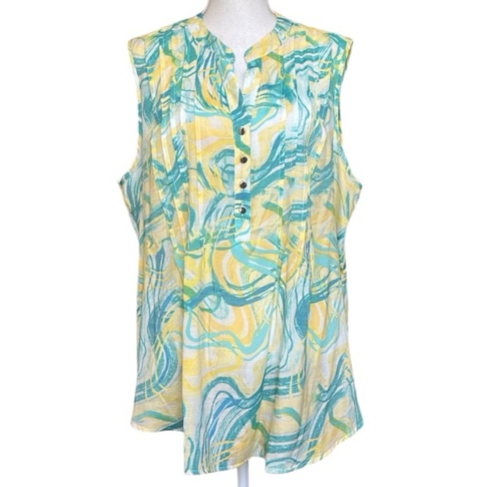 Cocomo Woman Green and Yellow Sleeveless Pleated Blouse Plus Size 2X